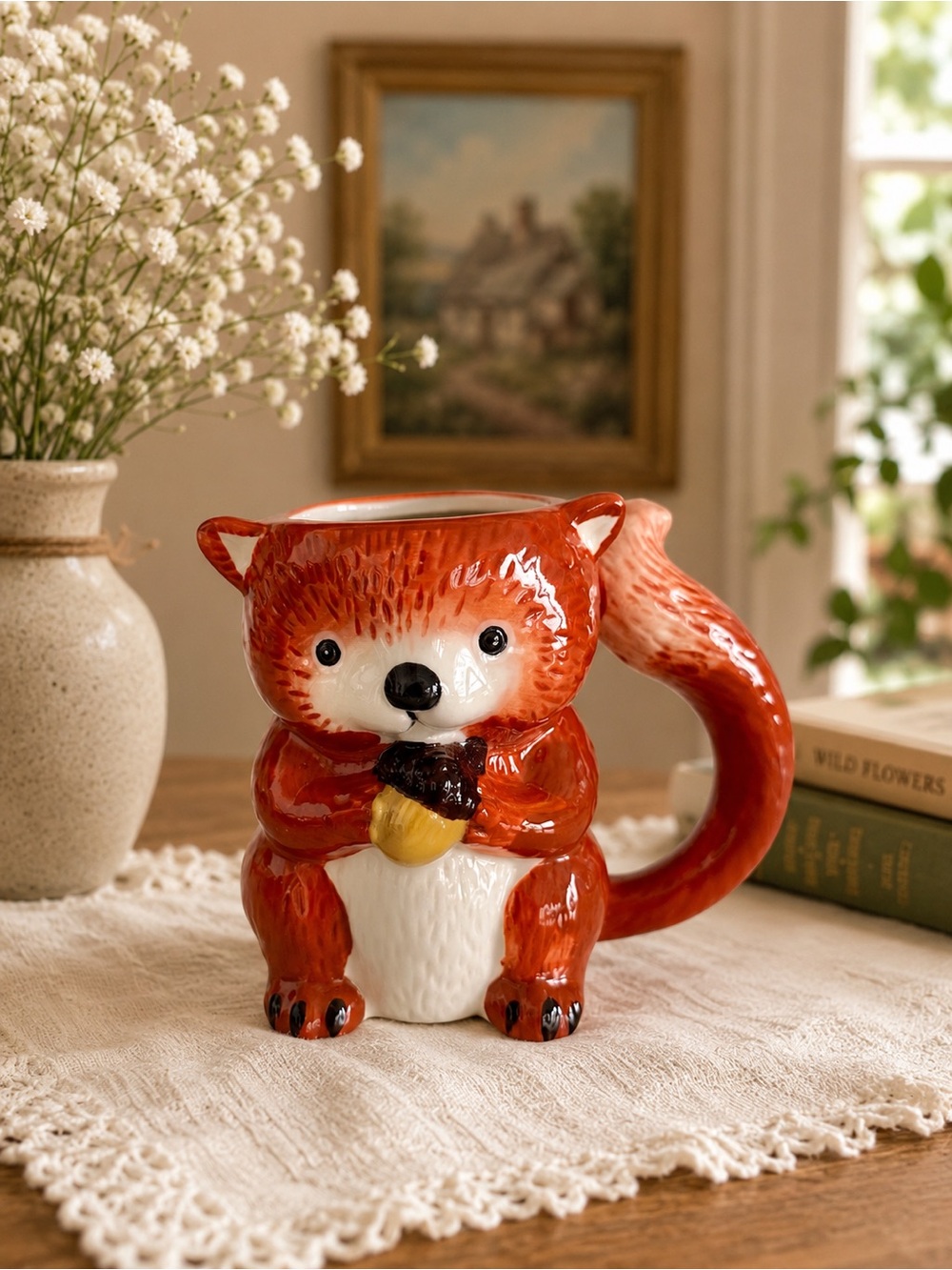 Red Squirrel 3D Ceramic Coffee Mug with Acorn